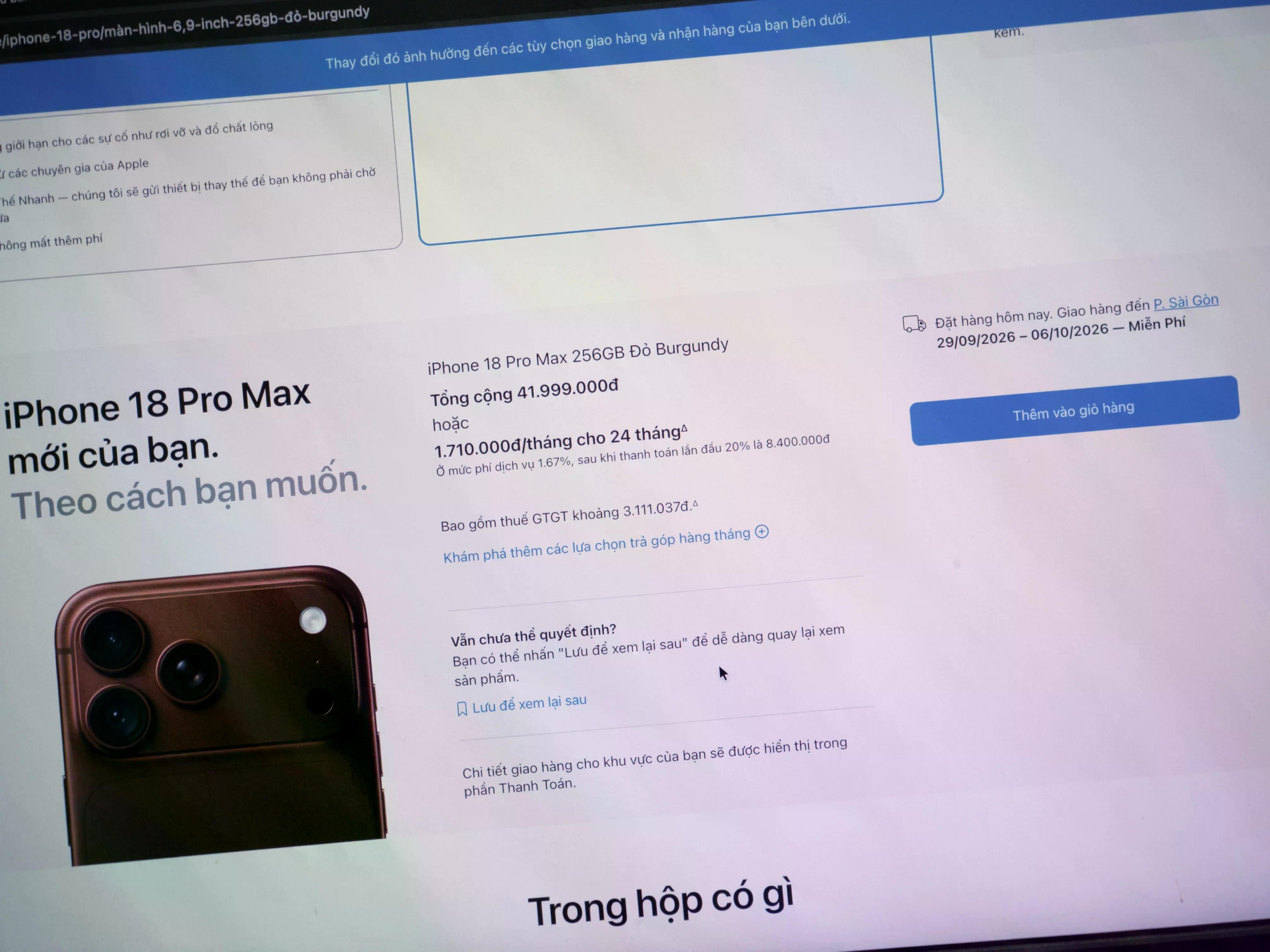 Apple Store báo lịch giao iPhone 18 Pro Max đến đầu tháng 10.