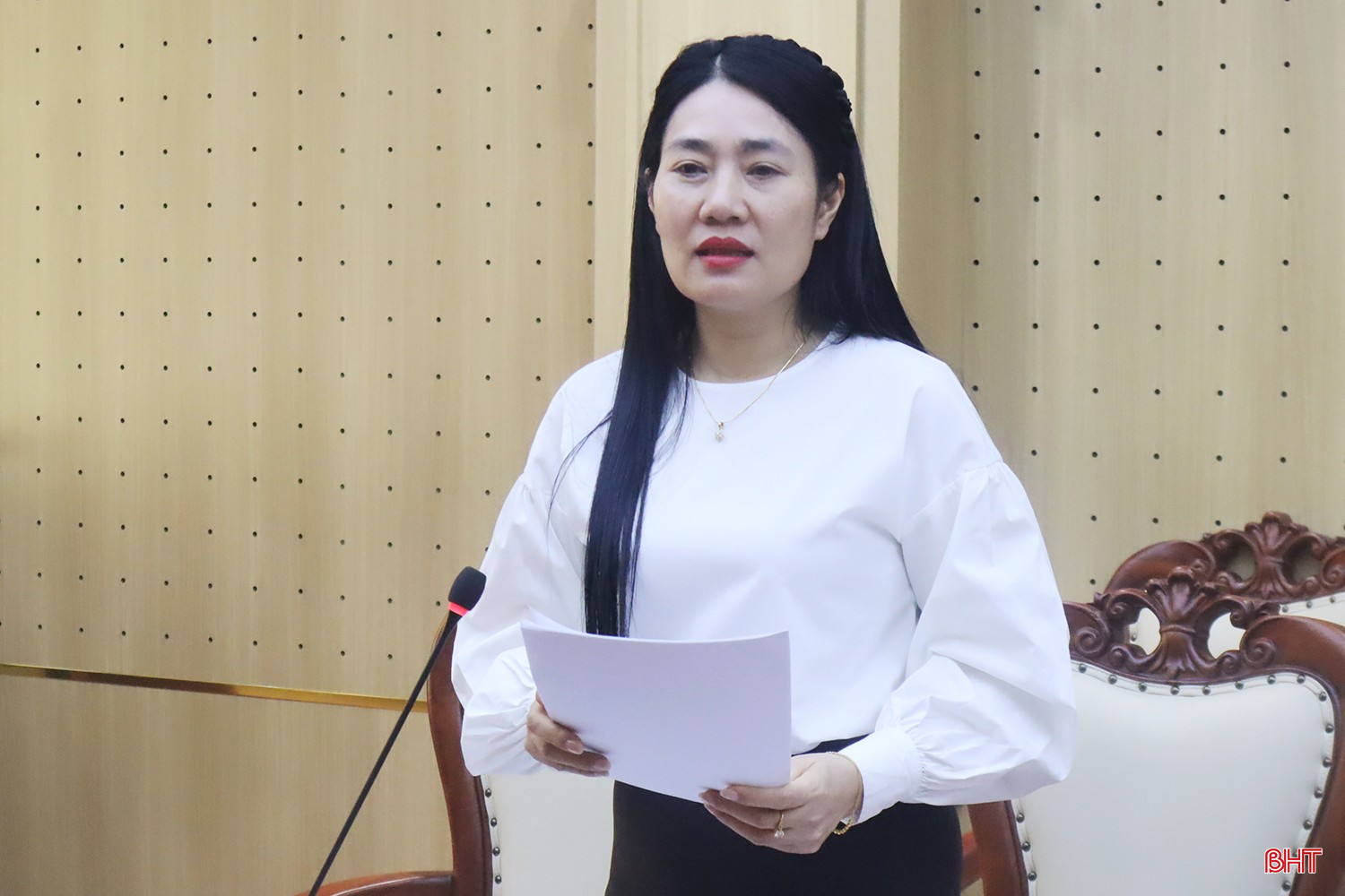 Phó Chủ tịch HĐND tỉnh Nguyễn Thị Việt Hà góp ý hoàn thiện các nội dung của dự thảo nghị quyết.