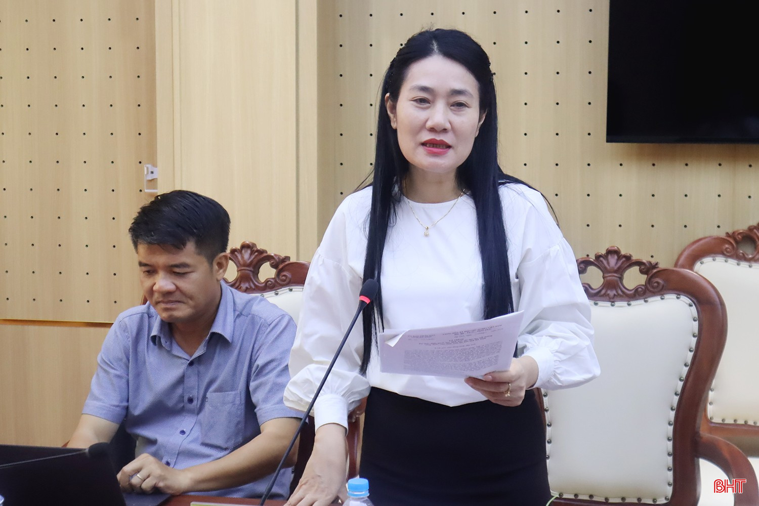 Phó Chủ tịch HĐND tỉnh Nguyễn Thị Việt Hà phát biểu tại cuộc làm việc.