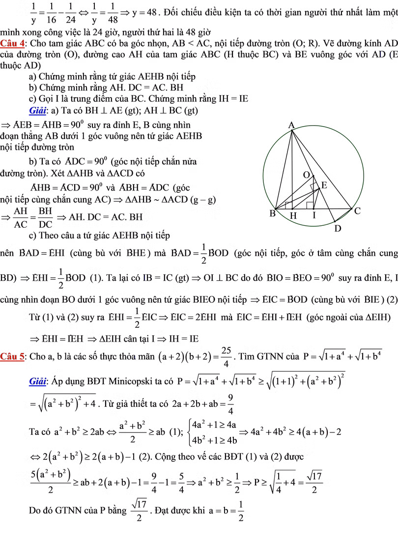 Đáp án đề thi môn Toán vào lớp 10 THPT tỉnh Hà Tĩnh năm học 2018-2019