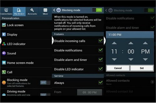 Chọn khóa cuộc gọi theo giờ trong phần Blocking mode, ảnh minh họa giao diện trên Galaxy S4 dùng Android 4.3 - Ảnh: DigitalTrends