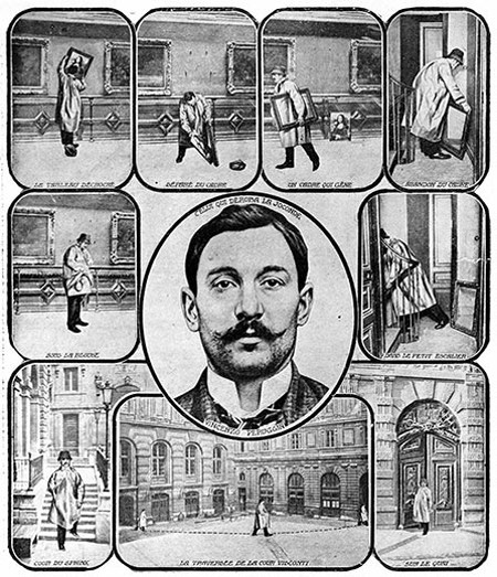 Hình minh họa tái hiện lại hành động đánh cắp bức Mona Lisa của Perugia.