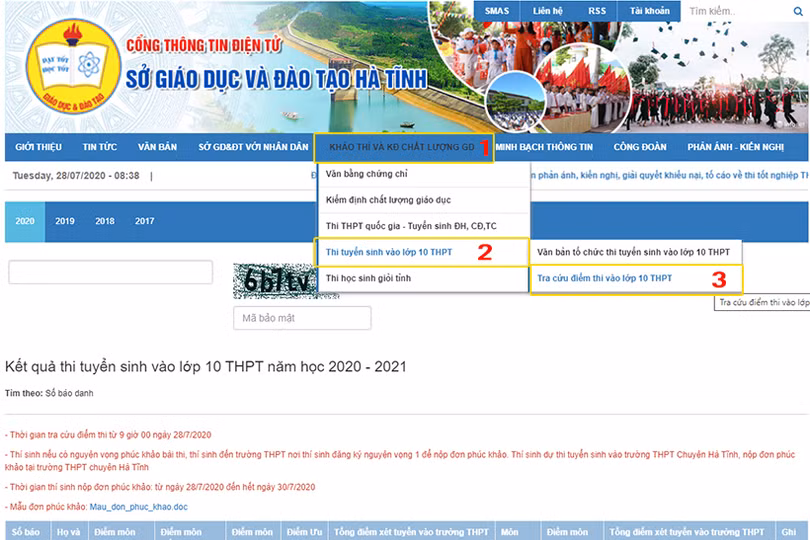 Tra cứu điểm thi vào lớp 10 THPT năm học 2020 - 2021 ở Hà Tĩnh