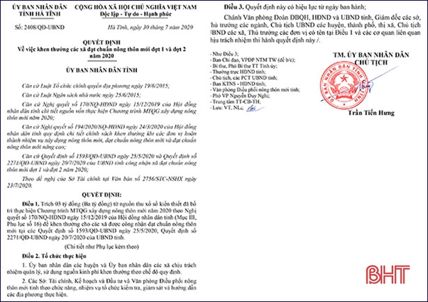 Hà Tĩnh khen thưởng 3 xã đạt chuẩn nông thôn mới 3 tỷ đồng