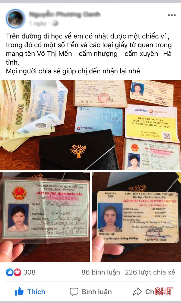 Nhặt được ví tiền, nữ sinh Hà Tĩnh đăng Facebook tìm người trả lại