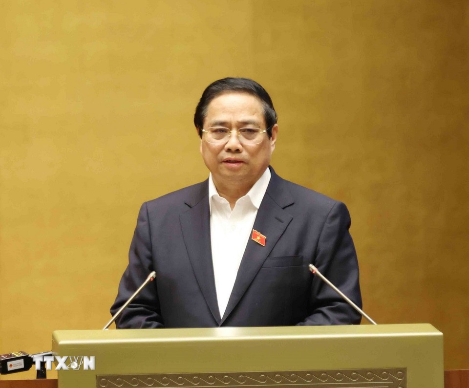 Thủ tướng Phạm Minh Chính trình bày Chuyên đề 1 &quot;Nội dung trọng tâm, cốt lõi của Nghị quyết số 68-NQ/TW, ngày 4/5/2025 của Bộ Chính trị về phát triển kinh tế tư nhân và Kế hoạch hành động thực hiện Nghị quyết&quot;. Ảnh: Thống Nhất/TTXVN