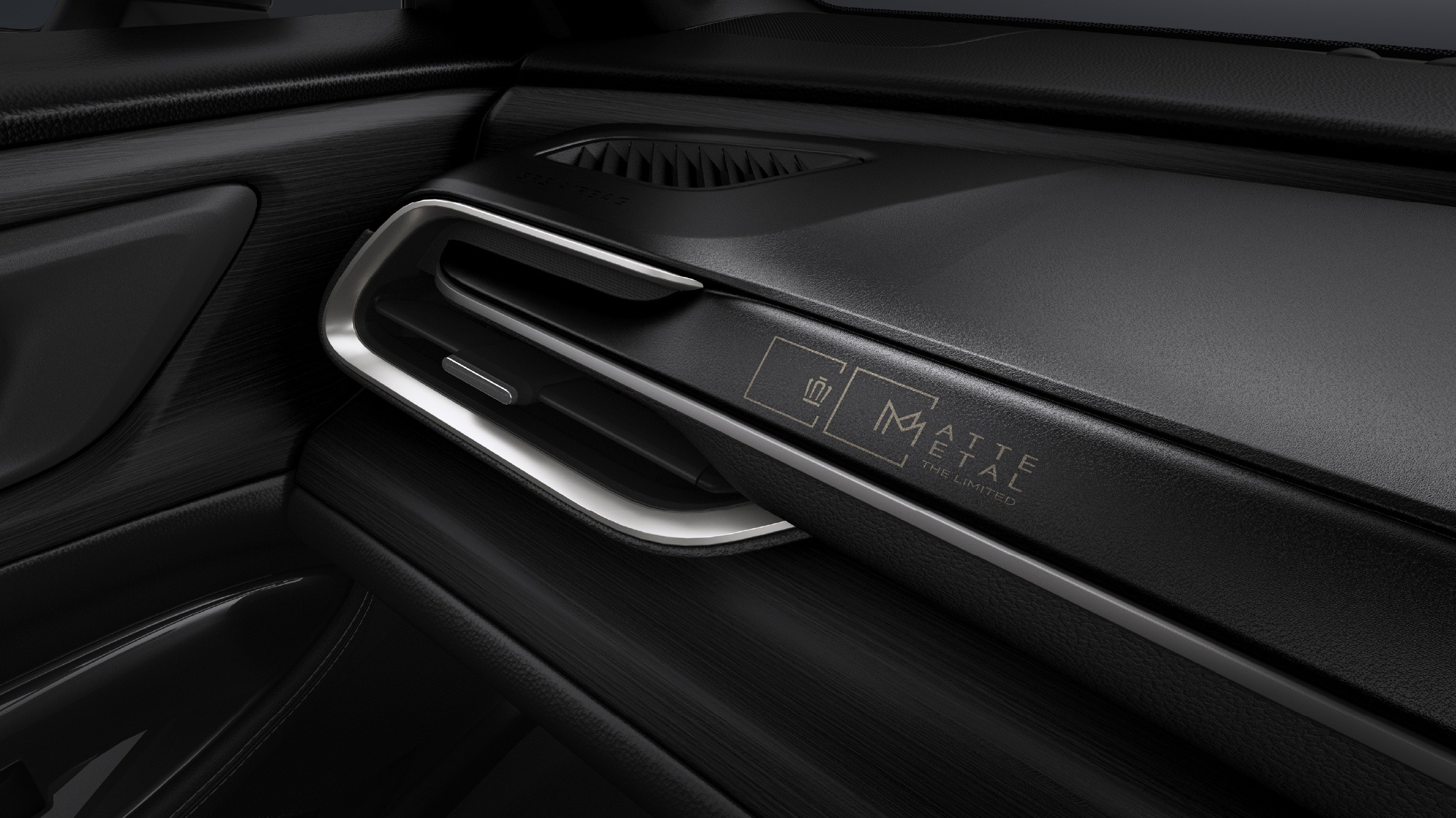 Cần số được bọc da theo phong cách thể thao. Logo Matte Metal được khắc laser trên bảng taplo.