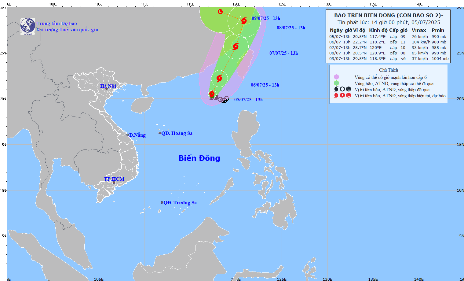 Vị trí và đường đi của bão số 2 lúc 14h ngày 5/7. Ảnh: nchmf.gov.vn