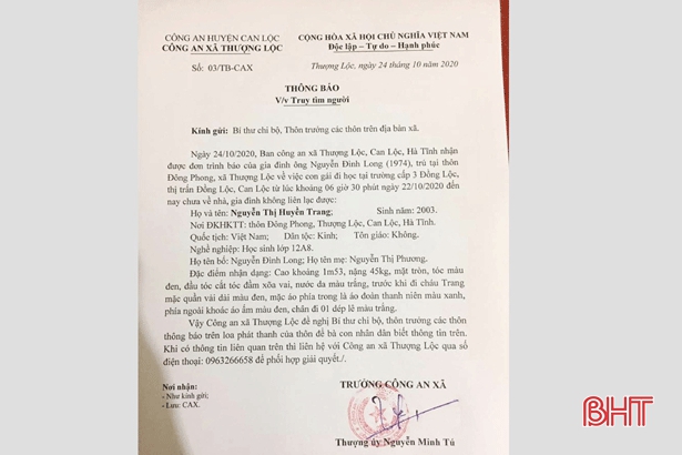 Nữ sinh Hà Tĩnh mất tích chưa rõ nguyên nhân