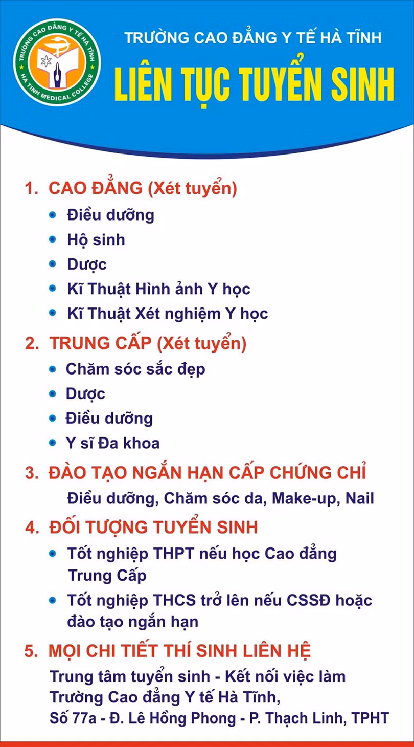 Trường Cao đẳng Y tế Hà Tĩnh tuyển sinh các lớp chuyên ngành