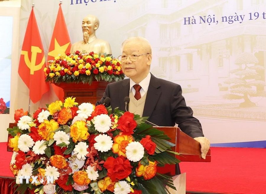 Tổng Bí thư Nguyễn Phú Trọng phát biểu chỉ đạo tại Hội nghị Ngoại giao lần thứ 32. (Ảnh: Trí Dũng/TTXVN)