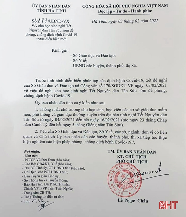 Học sinh Hà Tĩnh nghỉ tết sớm 4 ngày, bắt đầu từ sáng mai