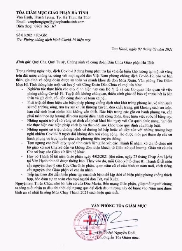 Văn phòng Tòa Giám mục Giáo phận Hà Tĩnh kêu gọi thực hiện nghiêm quy định phòng dịch Covid-19