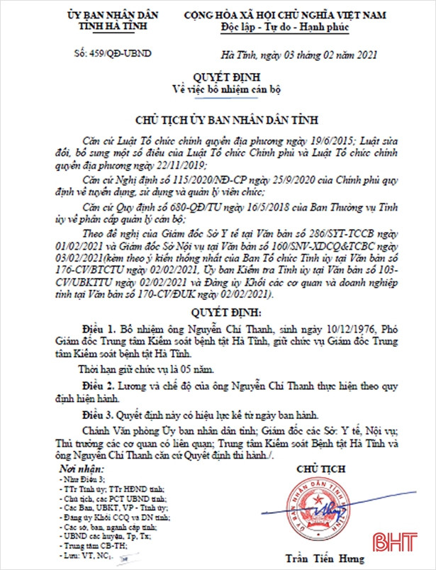 Trung tâm Kiểm soát bệnh tật Hà Tĩnh có giám đốc mới