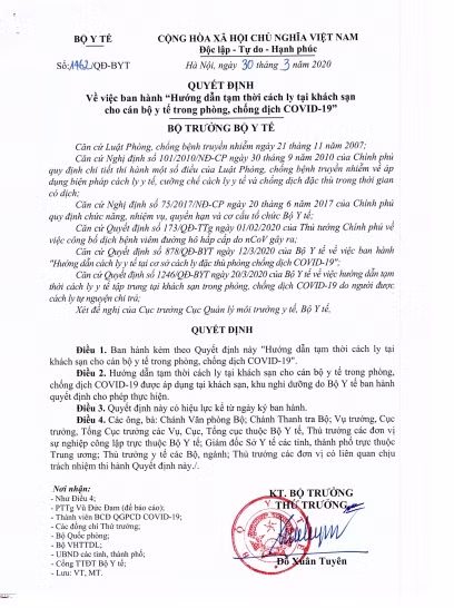 Bộ Y tế hướng dẫn cách ly tại khách sạn cho cán bộ y tế phòng, chống dịch COVID-19