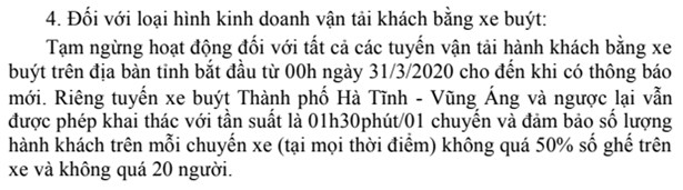 Lãnh đạo Sở GTVT Hà Tĩnh nói gì về việc tạm ngừng dịch vụ xe buýt từ 0h ngày 31/3/2020?