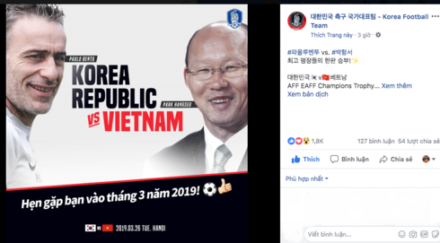 Đội tuyển Việt Nam so tài với Hàn Quốc vào 26/3/2019