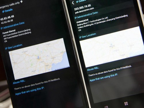 Hai mẫu điện thoại Trung Quốc mà Số Hóa thử nghiệm đều tự động gửi dữ liệu tới một địa chỉ IP tại Trung Quốc.