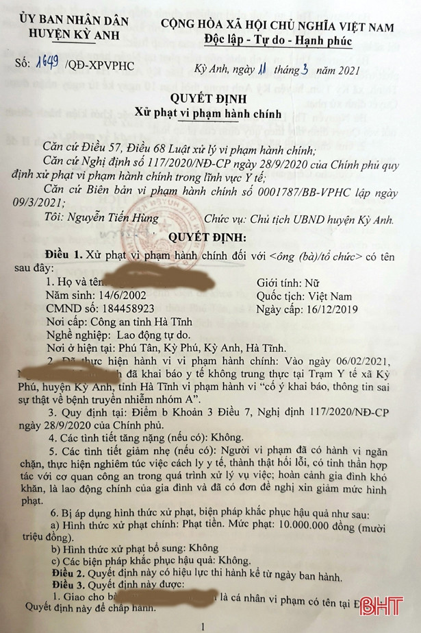 Phạt 10 triệu đồng công dân Hà Tĩnh đi về từ Hải Dương khai báo y tế không trung thực