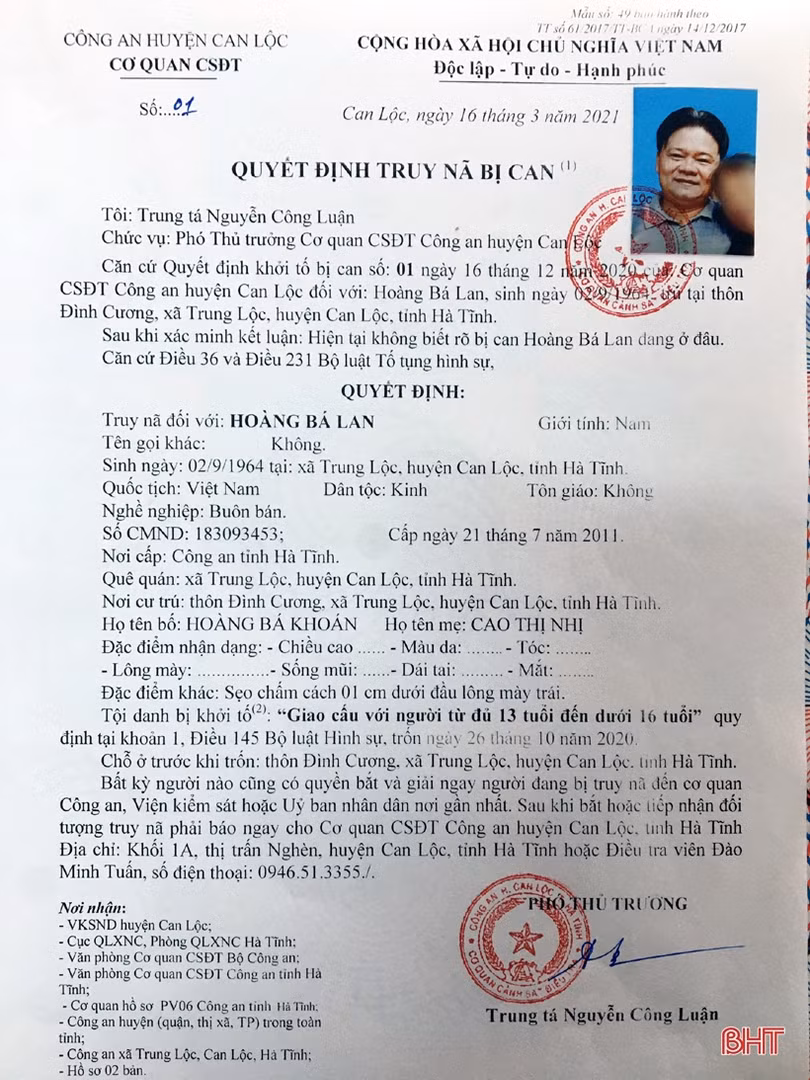 Hà Tĩnh: Truy nã đối tượng giao cấu với trẻ em