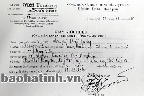 Giấy giới thiệu của Tổng Biên tập Tạp chí Môi trường và Sức khỏe