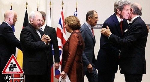 Ngoại trưởng Iran Zarif và Cao ủy EU Ashton cùng bày tỏ vui mừng sau khi đàm phán hạt nhân giữa Iran và P5+1 đạt được thỏa thuận sơ bộ (Ảnh: javanenghelabi.ir)