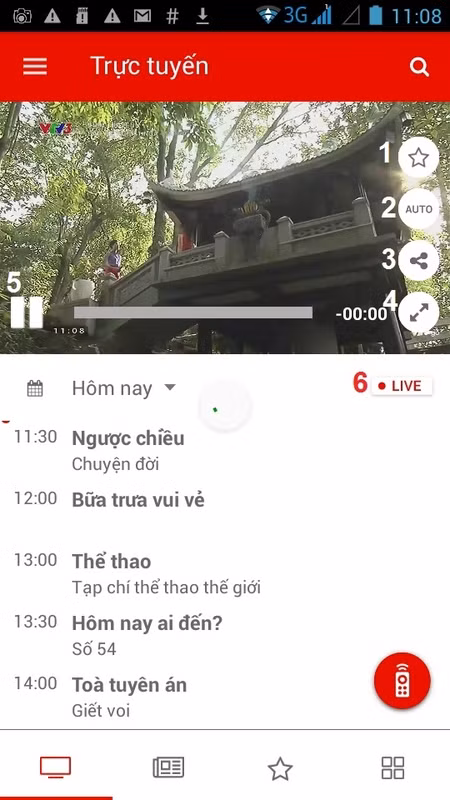 Mẹo xem EURO 2016 trên "app" VTVgo: Khi bấm vào một khung hình đang chạy, chúng ta có thể lưu chương trình đang chiếu vào kho ưa thích (nút 1), thiết lập lại độ nét khung hình (nút 2), chia sẻ lên Facebook (nút 3), hoặc mở rộng khung hình ra toàn màn hình (nút 4). Quan trọng hơn chúng ta có thể tạm dừng hoặc cho chạy tiếp kênh đang phát (nút 5), hình ảnh sau khi chạy trở lại sẽ được nối liền mạch. Nhưng nếu không muốn có độ trễ so với thời gian thực, chúng ta có thể bấm nút LIVE (6) để bắt kịp. meo xem euro 2016 tren vtvgo co the ban chua biet