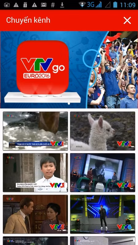 Mẹo xem EURO 2016 trên "app" VTVgo: Sau khi bấm nút chuyển kênh màu đỏ, chúng ta có thể chọn chuyển sang kênh từ VTV1 đến VTV9. meo xem euro 2016 tren vtvgo co the ban chua biet