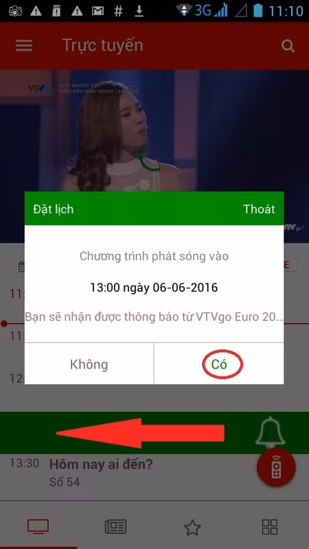 Mẹo xem EURO 2016 trên "app" VTVgo: Vẫn với lịch chiếu phía dưới, khi vuốt phần ghi chương trình sắp tới từ phải sang trái (mũi tên) chúng ta có thể đặt lịch hẹn nhắc qua thông báo khi đến giờ. Hãy bấm Có khi được hỏi để đồng ý hẹn "báo thức". meo xem euro 2016 tren vtvgo co the ban chua biet