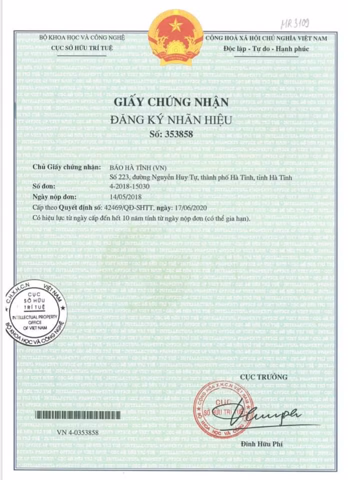 Logo Báo Hà Tĩnh được Cục Sở hữu trí tuệ cấp chứng nhận đăng ký nhãn hiệu