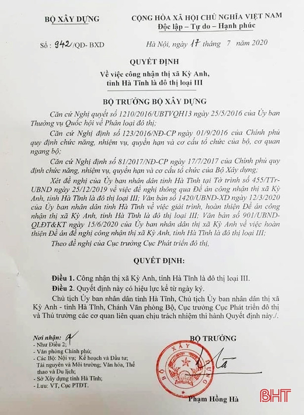 Thị xã Kỳ Anh được công nhận là đô thị loại III