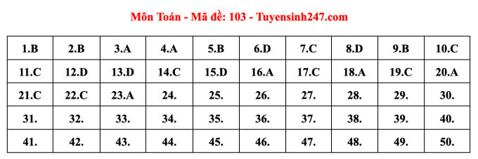 Gợi ý đáp án 24 mã đề thi Toán tốt nghiệp THPT năm 2023