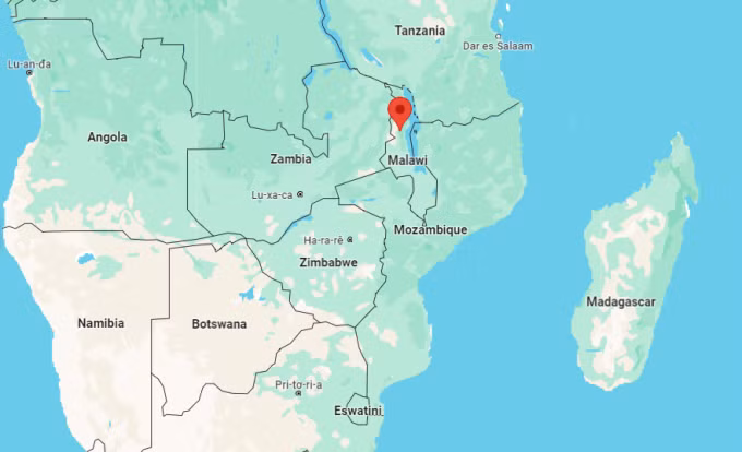 Vị trí rừng Chikangawa (màu đỏ) ở miền bắc Malawi, phía đông châu Phi. Đồ họa: Google Maps