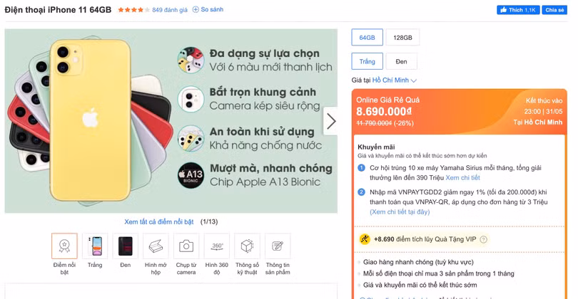 Giá iPhone 11 tại một đại lý chính hãng lớn. Ảnh: TGDĐ.