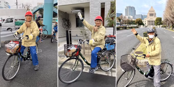 Cụ ông Mitsuo Tanigami ngồi trên xe đạp trợ lực điện trong hành trình vượt 600 km đến Tokyo. Ảnh: Kobe Shimbun
