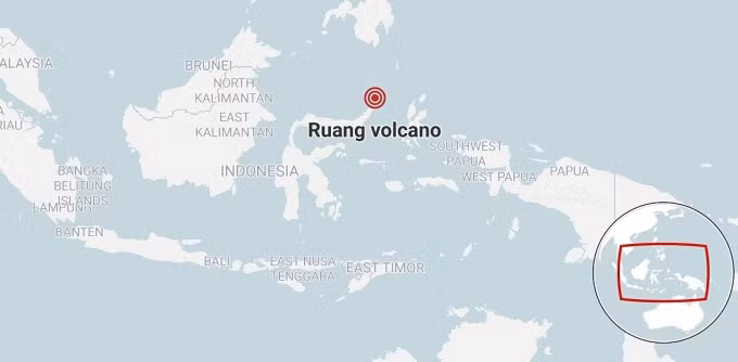 Vị trí núi lửa Ruang, Indonesia. Đồ họa: NBC