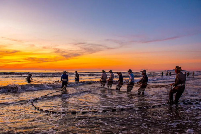 Lưới rùng là một loại lưới lớn, được làm bằng những sợi dây thừng to, dày, có chiều dài lên đến 800m. Để hạ lưới, đầu tiên, ngư dân sẽ cố định một đầu lưới vào bờ bằng cọc gỗ. Sau đó, họ dùng thuyền thúng chở đầu mành lưới còn lại ra biển, cách bờ khoảng 300 - 400m.