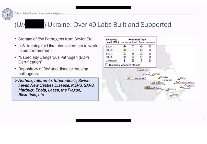 Một trang trong bộ tài liệu mật về phòng thí nghiệm sinh học của Mỹ ở Ukraine, phát hành ngày 12/6/2026. Ảnh: Văn phòng Giám đốc Tình báo Quốc gia Mỹ