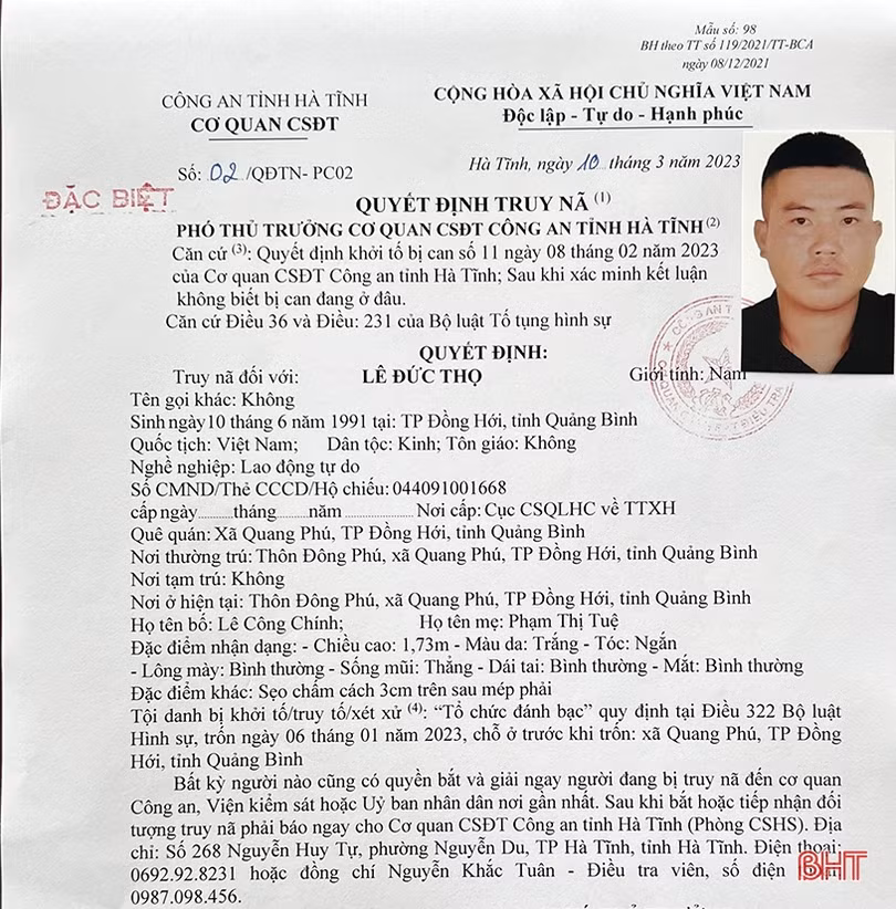 Công an Hà Tĩnh truy nã đặc biệt đối tượng tổ chức đánh bạc