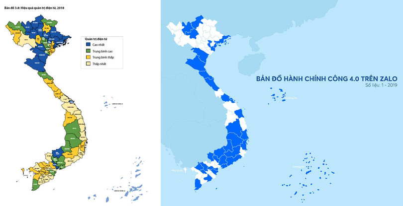 Bản đồ Hiệu quả quản trị điện tử (theo PAPI 2018) và Bản đồ những địa phương ứng dụng hành chính công trên Zalo. Phía sau câu chuyện chưa đến 4% người Việt biết “làm giấy tờ” qua mạng