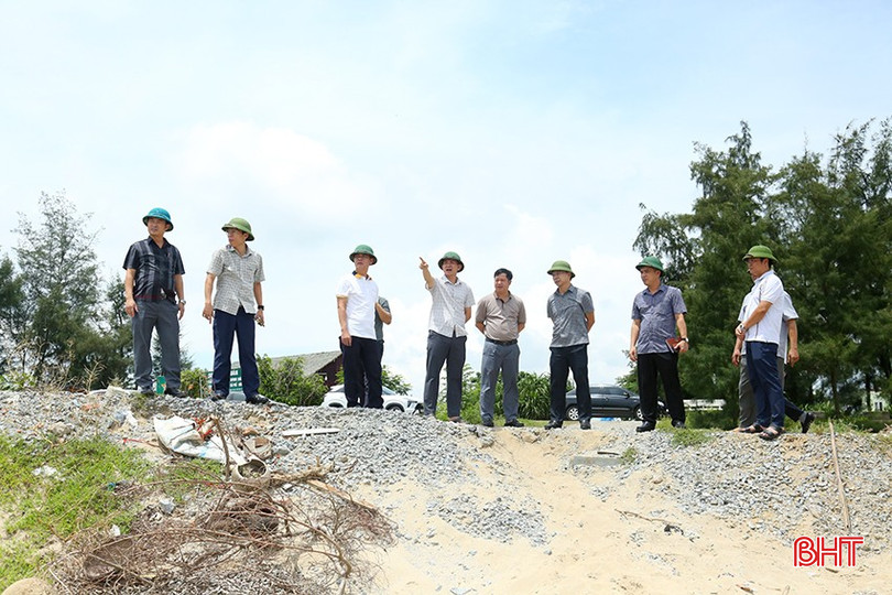 8月23日、省人民委員会の指示を受け、ダンハイ村政府は防災・管理・捜索救助運営委員会の会議を開催し、地域に直接的な影響を及ぼす可能性のある嵐5号への事前対応計画を策定した。写真は、ダンハイ村の指導者たちがホイトンの海堤を視察している様子。 bqbht_br_10.jpg