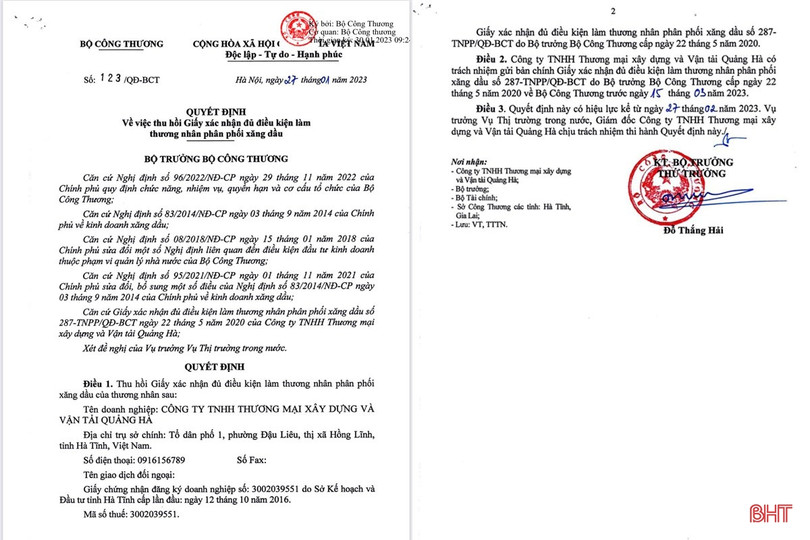 Thu hồi giấy phép một thương nhân phân phối xăng dầu ở Hà Tĩnh