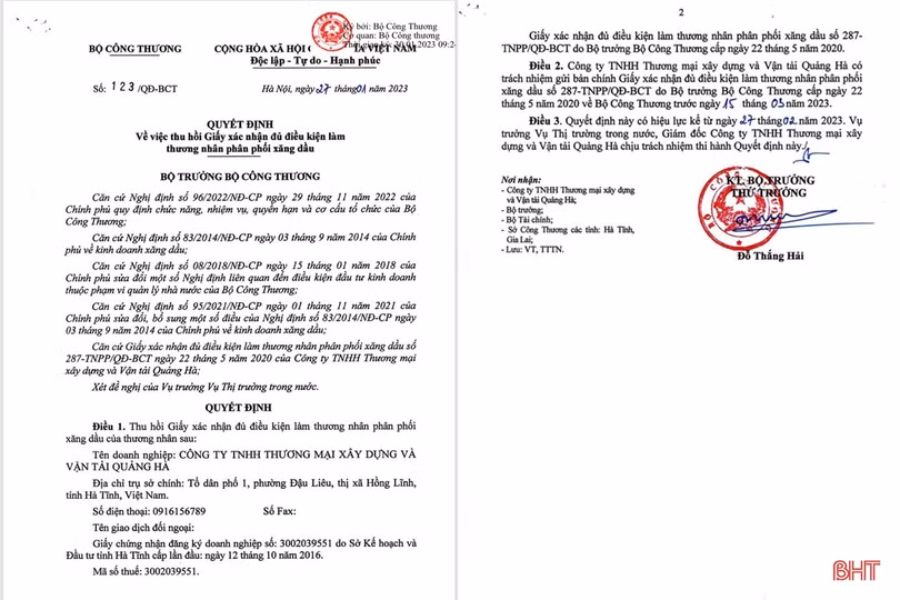 Thu hồi giấy phép một thương nhân phân phối xăng dầu ở Hà Tĩnh