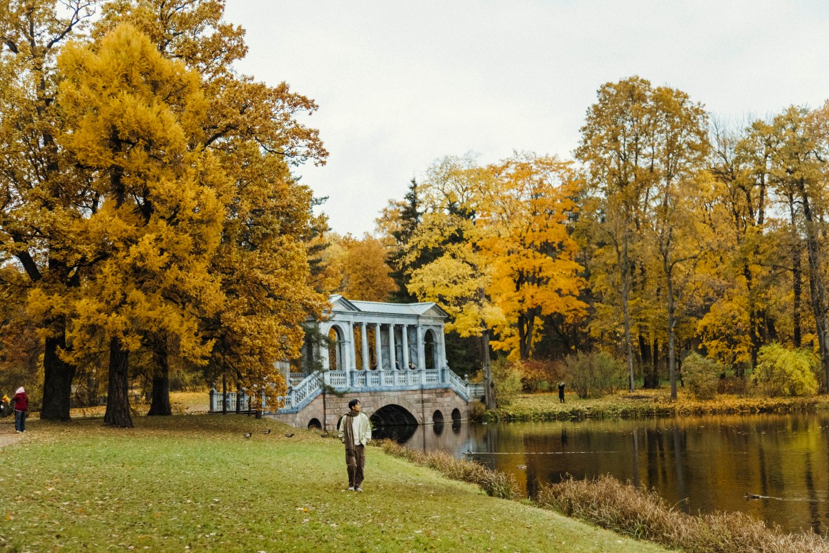 Het terrein van het Catharinapaleis, Sint-Petersburg in de herfst. Khuôn viên cung điện Catherin, Saint Petersburg trong sắc thu.