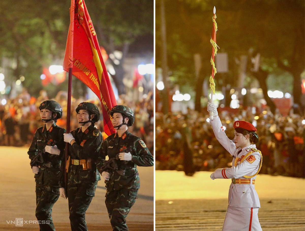 Sau quãng đường dài luyện diễu binh, diễu hành qua các tuyến phố nội đô, các nữ chiến sĩ thuộc Binh chủng Thông tin liên lạc (góc trái) vẫn rạng rỡ. Kế bên, nữ chỉ huy nữ quân nhạc (góc phải) vẫn tập trung làm nhiệm vụ. Ảnh: Hiếu Lương