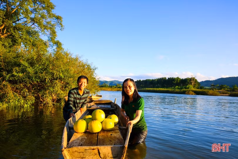 Xao xuyến bộ ảnh vợ chồng trẻ Hà Tĩnh “cõng” bưởi Phúc Trạch qua sông