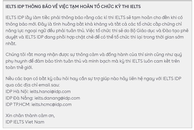 Sau Hội đồng Anh, IDP thông báo tạm hoãn kỳ thi IELTS