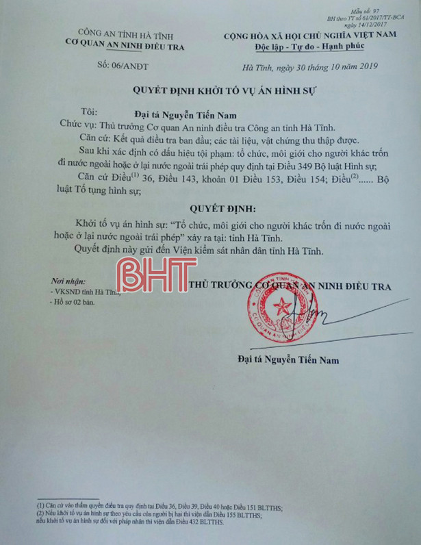 Công an Hà Tĩnh khởi tố vụ án hình sự đưa người trốn đi nước ngoài trái phép