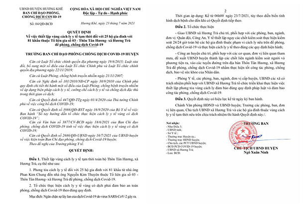 Hà Tĩnh: 3 công dân test nhanh dương tính với virus SARS-CoV-2, Hương Khê lập chốt phong tỏa