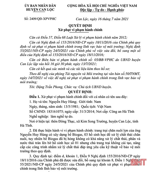 Can Lộc xử phạt một chủ trang trại chăn nuôi 20 triệu đồng